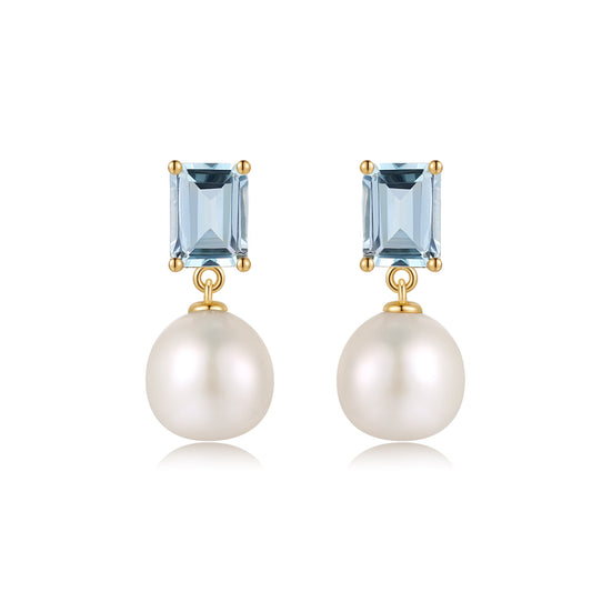 18K Gold Vermeil Rectangle Topaz Pearl Earrings