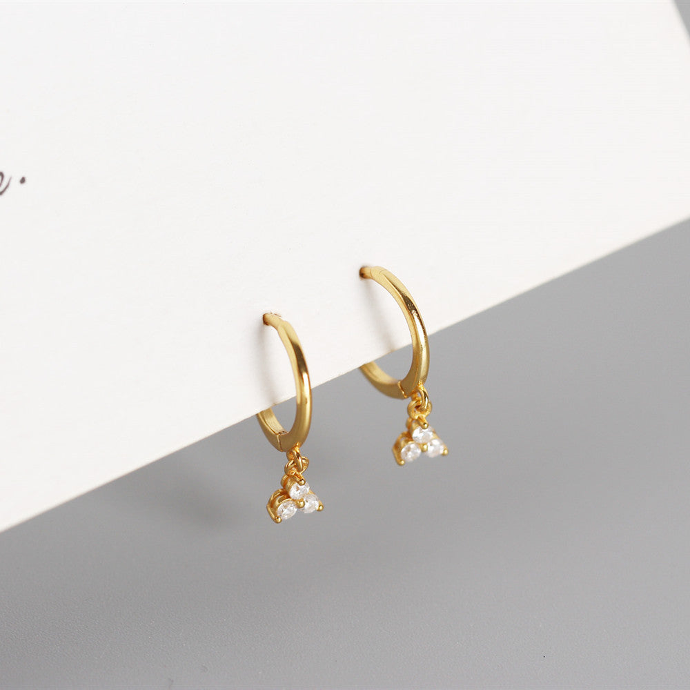 Sterling Silver Hoop Earrings - 3 CZS Gold