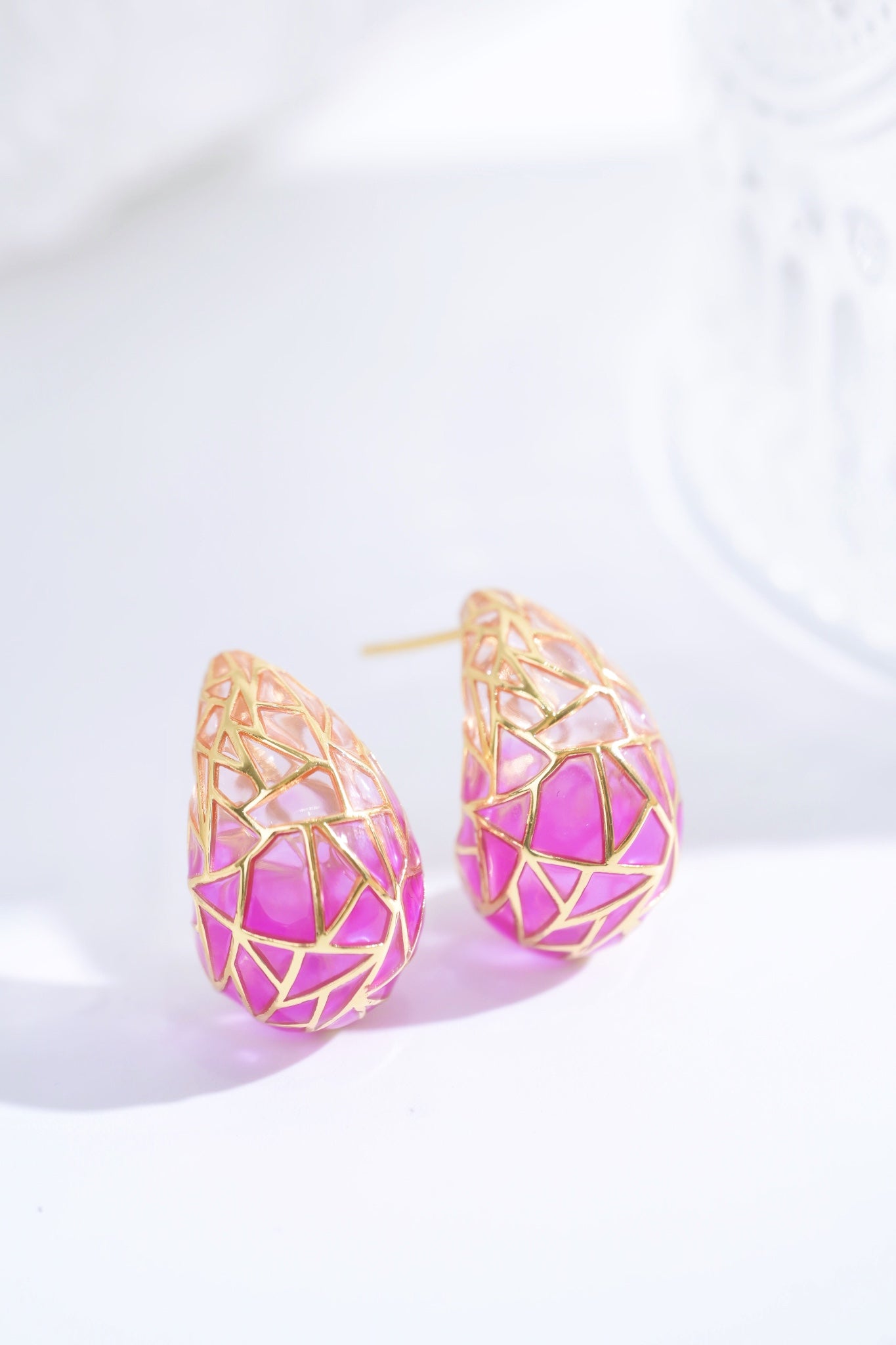 Earring | Transparent Enamel Tear-drop Shape Pink color