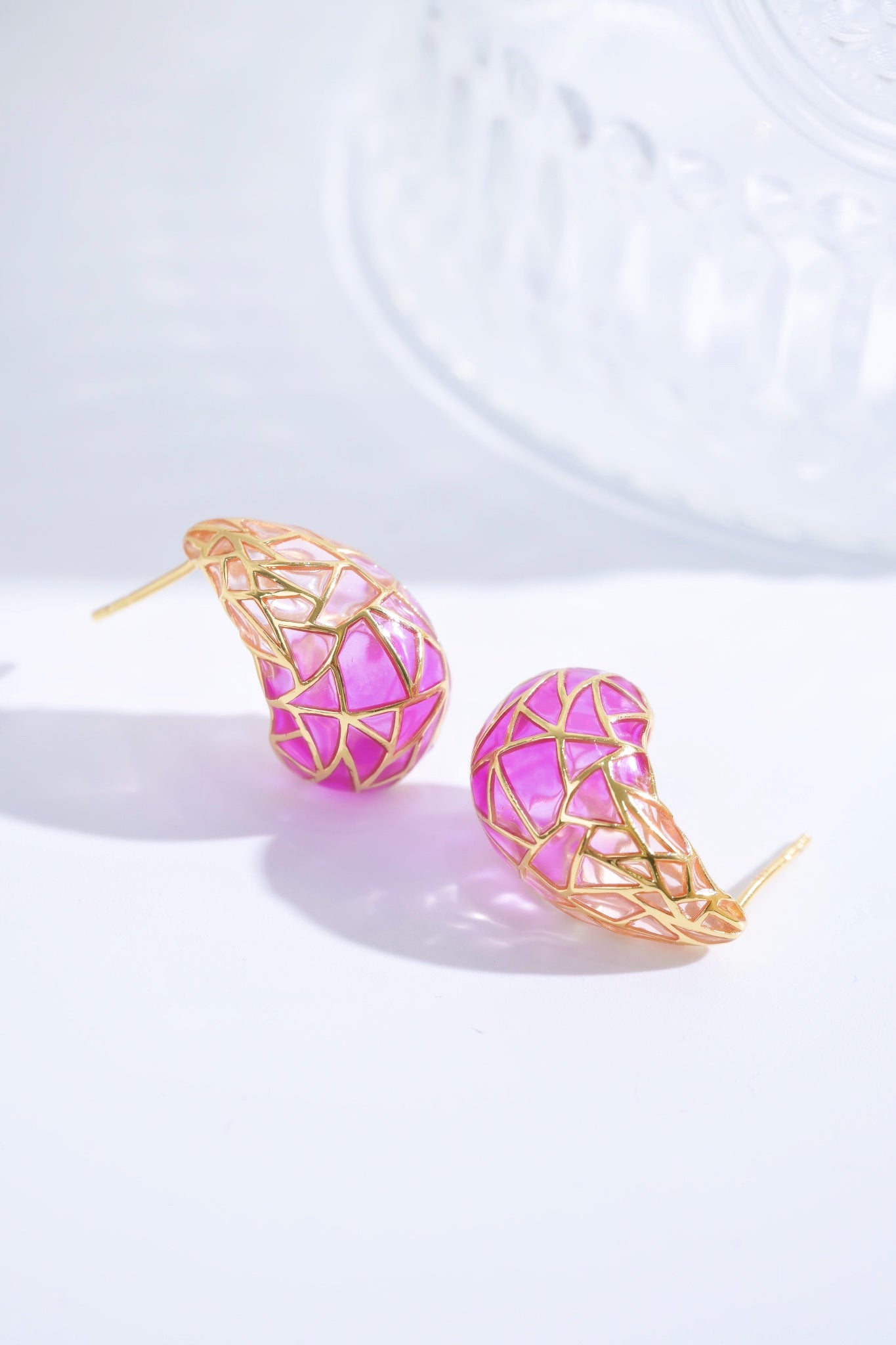 Earring | Transparent Enamel Tear-drop Shape Pink color